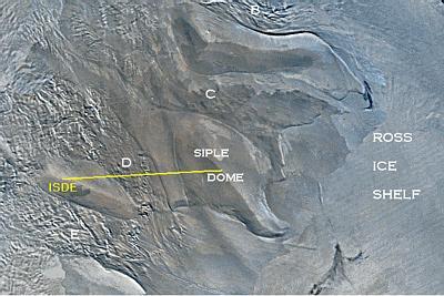 The confluence(ISDE) is located on a ridge of stable ice between ice streams D and E. It is 305 km from the field camp at Siple Dome.