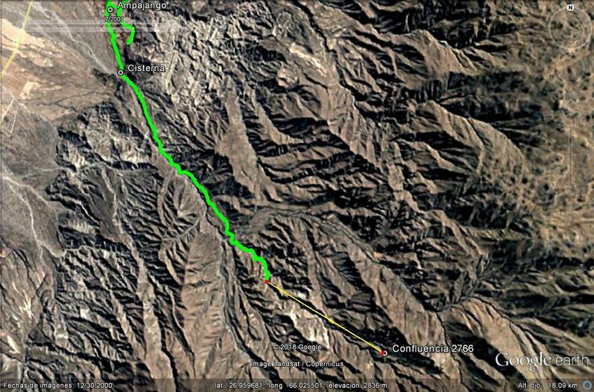 El track verde indica hasta donde llegamos a 3.96 km de la confluencia - Green track shows until we arrived ay 3.96 km of the confluence