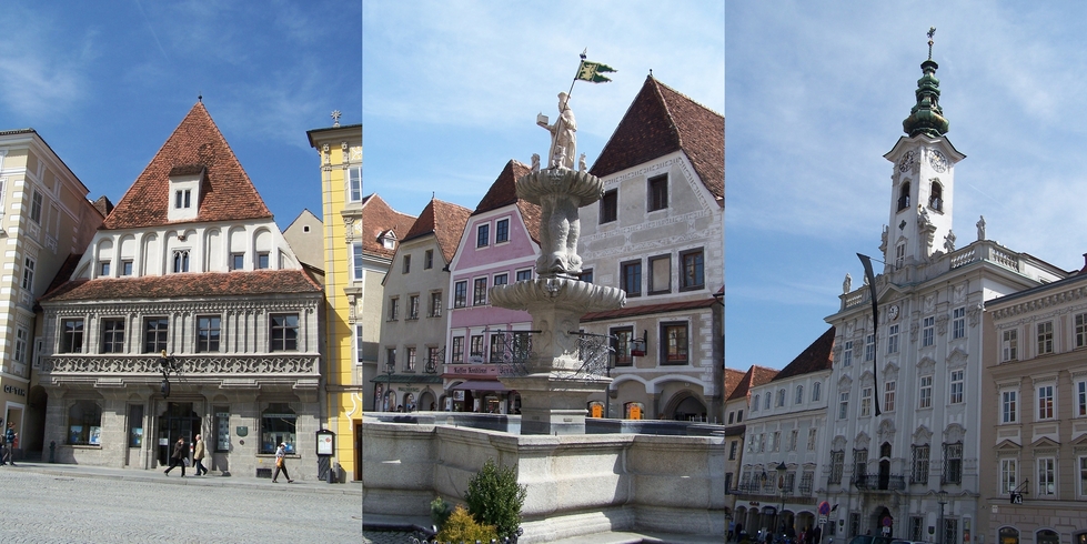 Steyr - gothic Bummerlhaus, town square and Rococo townhall