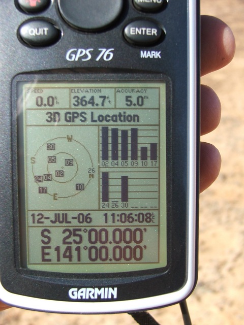 GPS showing the confluence details 25S 141E