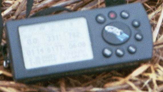 My GPS receiver's display at the confluence point (out-of-focus, unfortunately)