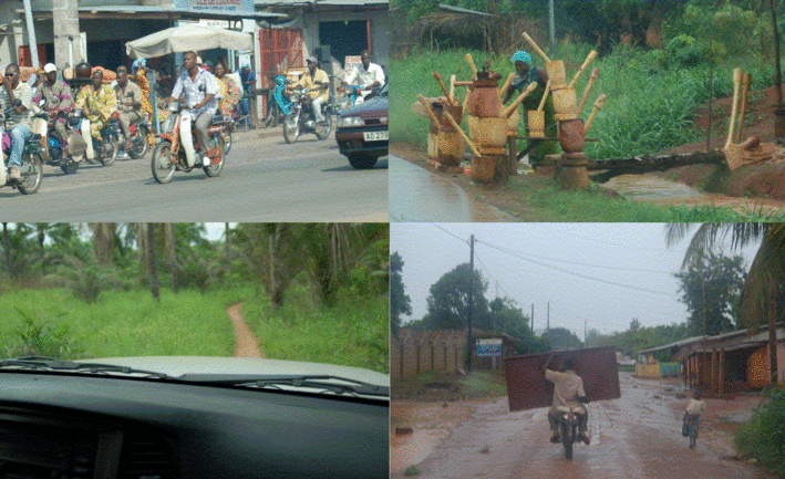 Motorbikes in Cotonou - Mortars for yam and cassava flour production - Narrow road! - Door on a bike