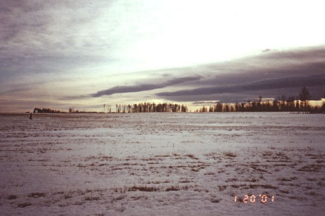 Looking south across the hayfield; an Albertan winter sky at dusk.