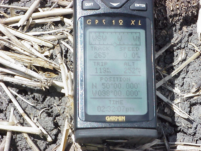 GPS unit showing exactly 50°N 98°W