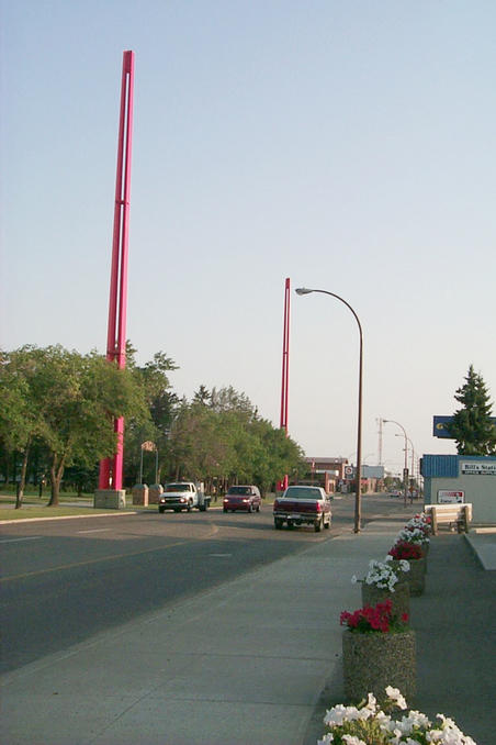Two of the four border/meridian markers in Lloydminster.
