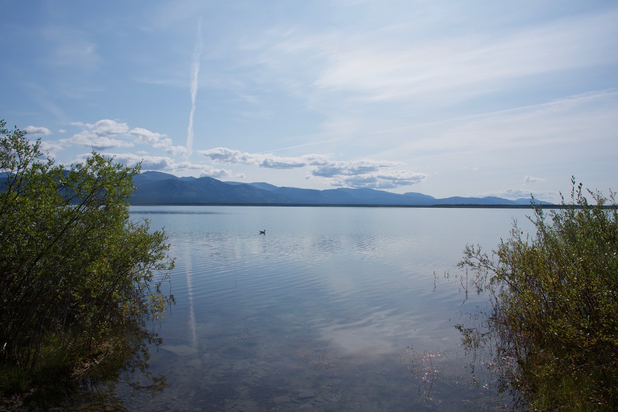 Looking eastwards across Lake Laberge towards the point, 6.93 km away