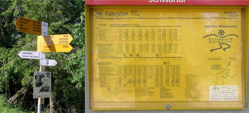 Schwändi – signs & time schedule of Swiss post bus service