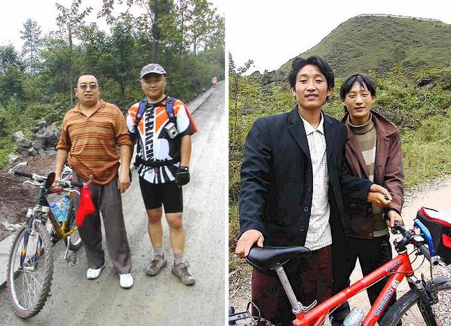 Two touring cyclists met on the road and the two Yi young men who accompanied me on the way to the confluence.
