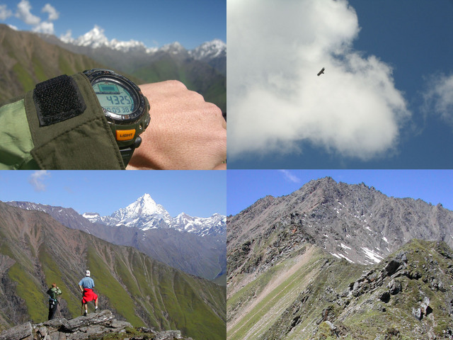 Elevation on my watch; Eagles flew overhead; the confluence lies directly 2 km over that far ridge; rocky ridge off to the left (4700 m peak there) is a probably route to the confluence.