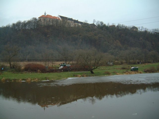 A view of Zámek Nižbor from the bridge over the Berounka River in Nižbor.