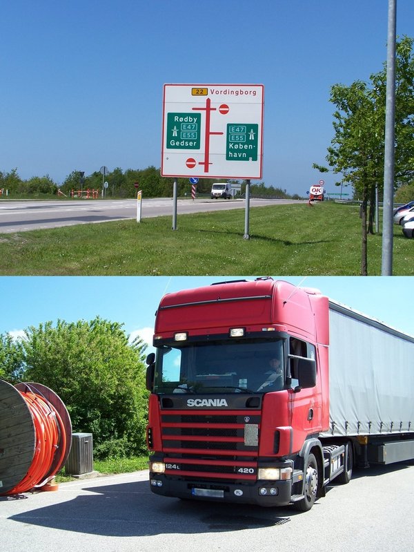 Parking area at motorway E47 near Vordingborg and 44 tonne lorry driven by Artur