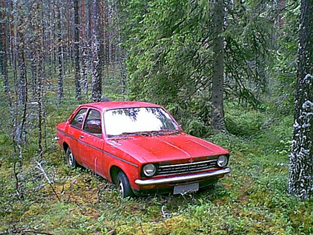 The old car hiding in middle of the forest.