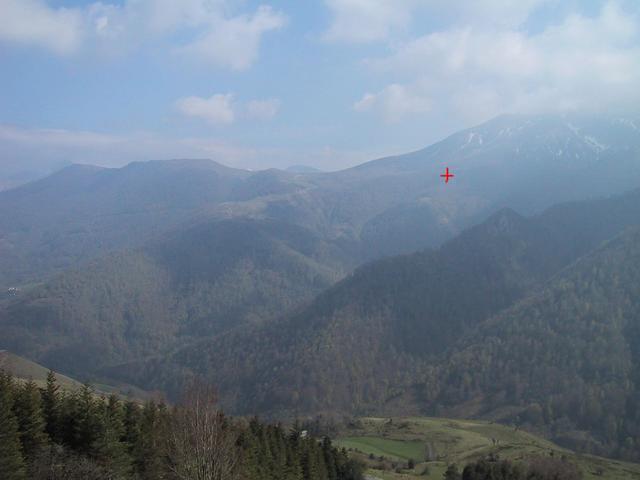 View south to the pic d'Orhy from col Bagargui, the confluence is shown in orange