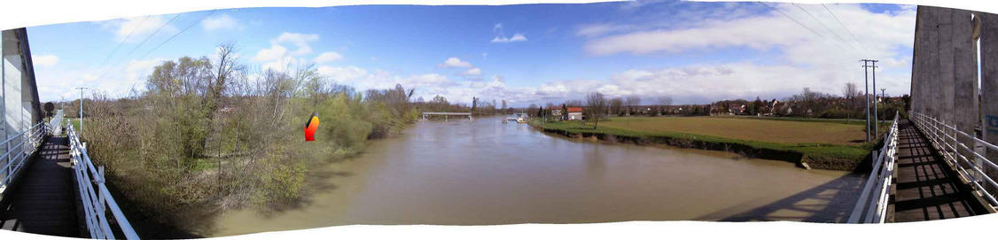 Panorama from bridge, arrow points to confluence spot