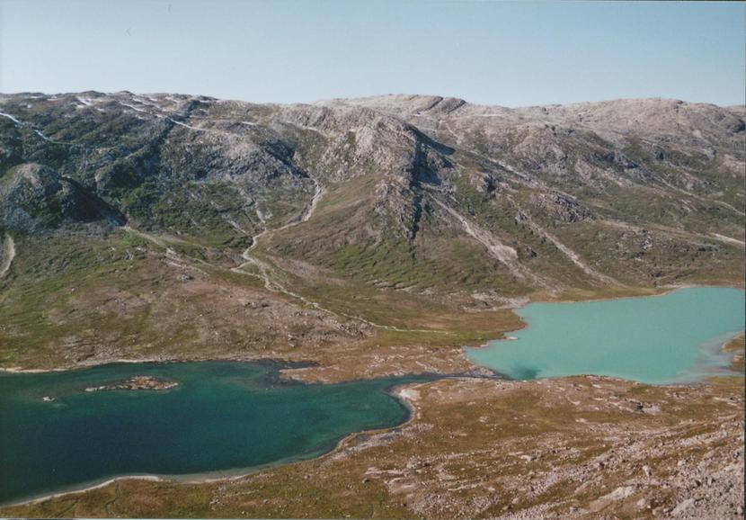View NW over the lakes - one with, the other without glacier water