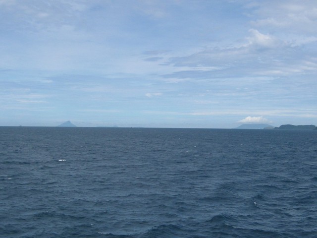 View southwest with Krakatau (left) and Raja Basa Mountain on Sumatra