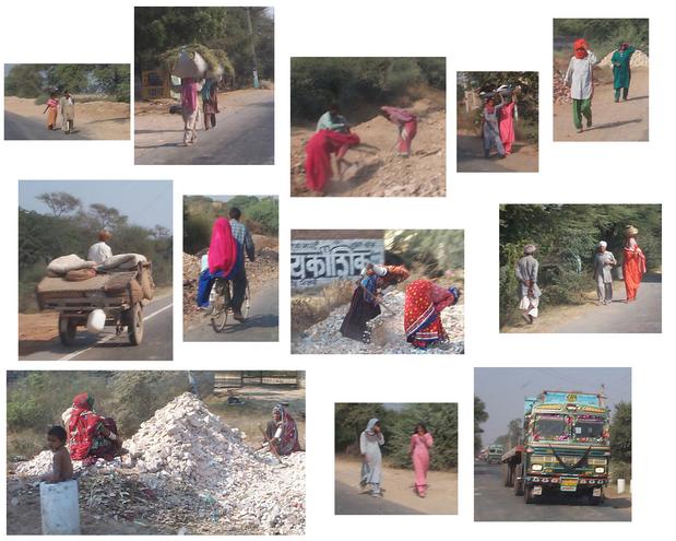 A montage of villagers, walking and working within 5 km of the confluence