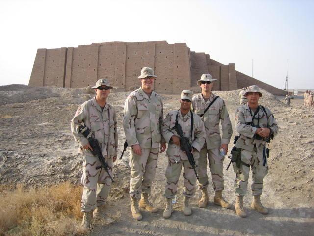 Sumerian Ziggurat Pyramid at Ur, just a few miles ESE of the confluence point (from left to right, SGT John McC., LT Paul P., SGT Rene M., LT Scott T., and TSgt Robert L.)