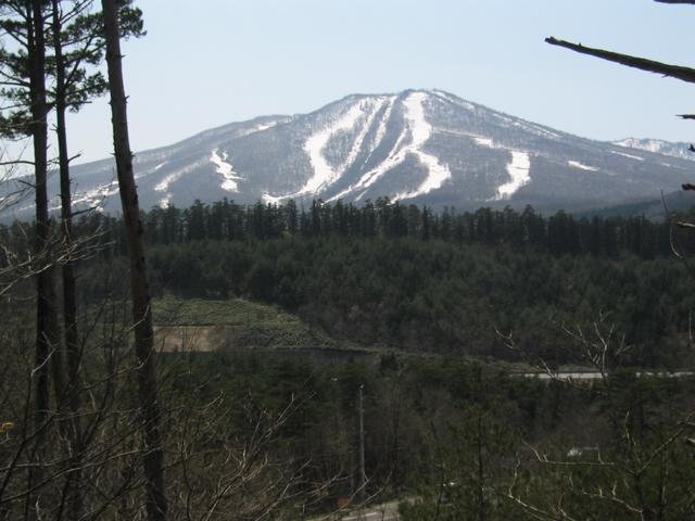 View of Appi ski area near confluence.  Covered in late spring snow.