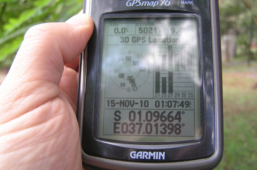 GPS reading at the point where we ran out of time looking for the Confluence.