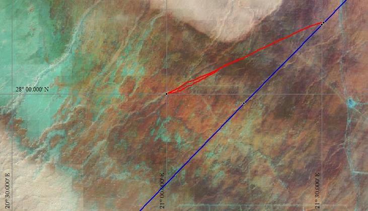 Eclipse centreline and GPS track to Confluence on Landsat image