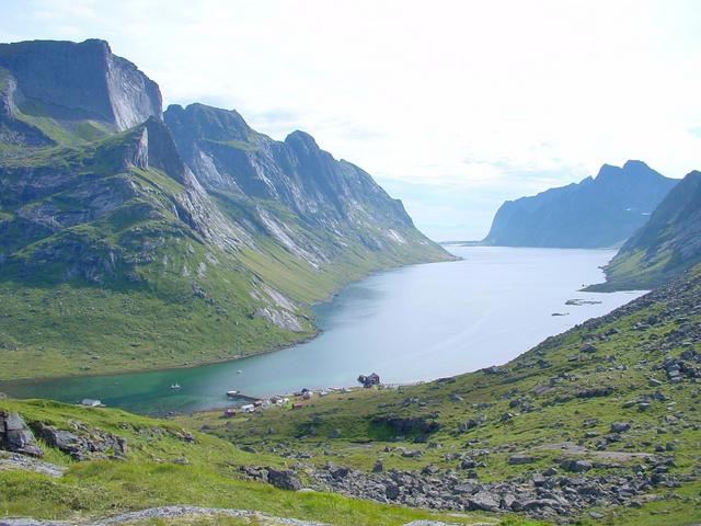 View to the south on Kjerkfjord and Reine in the background