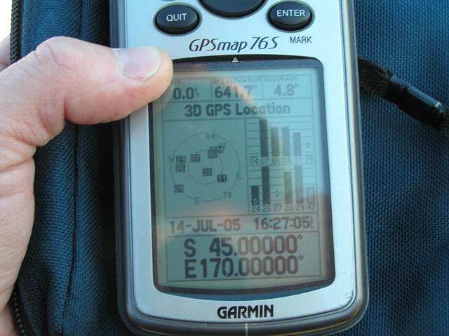 GPS reading at the confluence site.  Note that my local GPS time is set to North America, one day earlier.