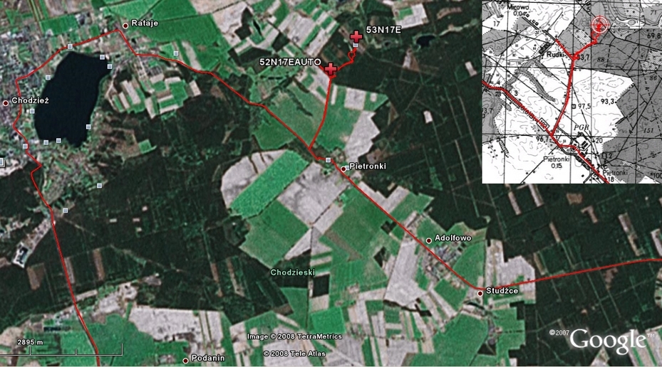 My track on the satellite image (© Google Earth 2007) and detail on the map (© ?)