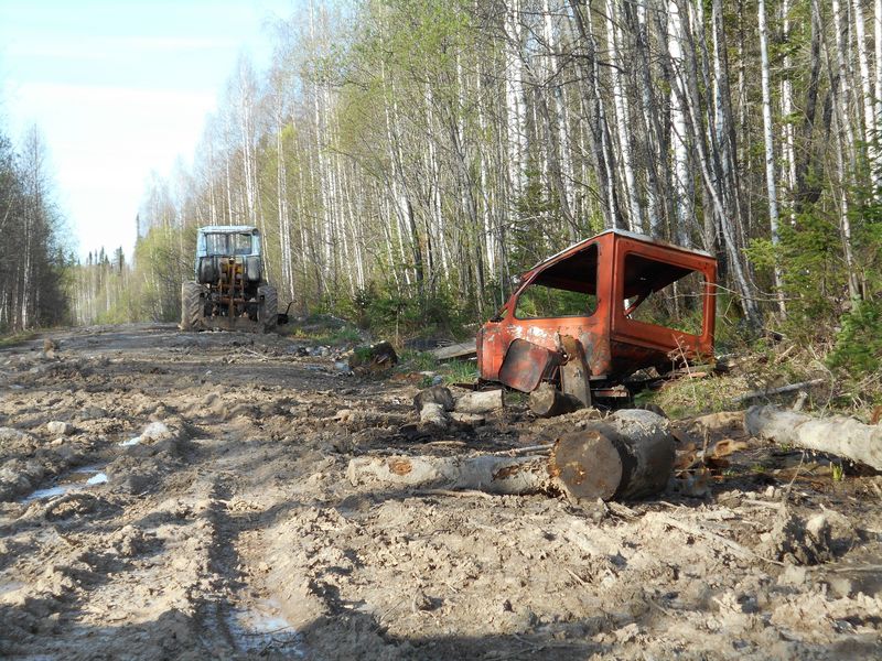 Лесовозная дорога с брошенной техникой/Logger's dirt road with abandoned machinery
