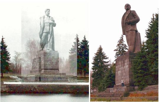 Lenin and Stalin monuments were erected on each side of sluice number one. Here we “restore” the Stalin monuments with an old picture
