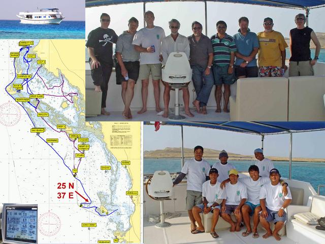 Scientific party (James, Karl, Pierre, Tom, Paul, David, Andy, Tubby, & Greg), crew (Jeff, Capt. Levi, Joe, Lanilo, Alex, Renan, & Sixto), chart with ship's tracks, snap from video of Garmin 276C, and M/V Dream Island.