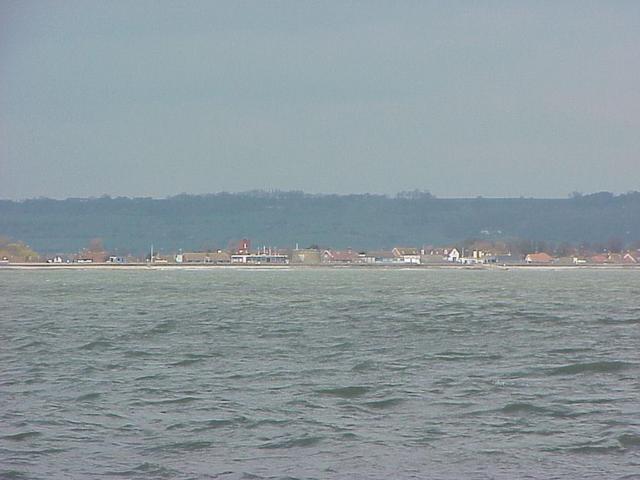 View to the north at the south coast of England from the confluence point in the English Channel.