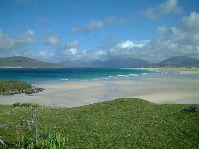 a beach view with Taransay in the background