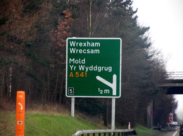 Wrexham sign on the motorway on the approach to the confluence.