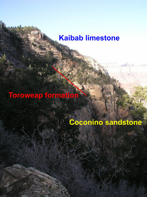Looking west toward the confluence, the Toroweap Formation offers a route between the cliffs above and below.