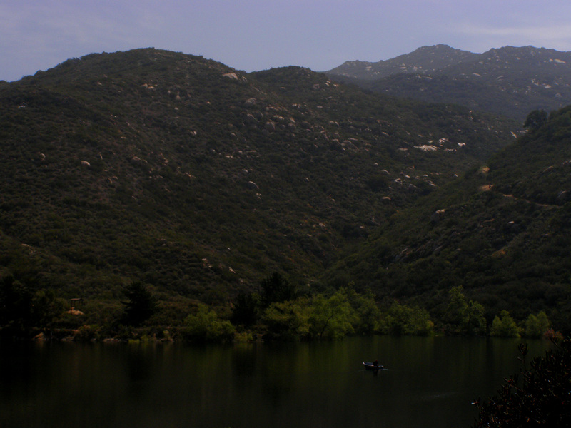 Lake Poway.  The trail leading to the confluence is snaking up the hill to the right.