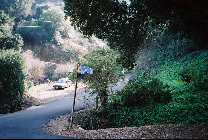 A close-up view of the junction of Oak Canyon and Athel Drives - close to the confluence