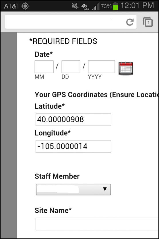 Screenshot of coordinates in app using geolocation