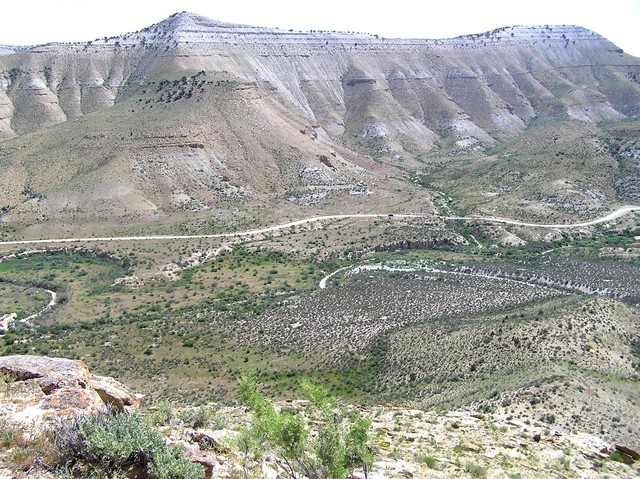 View of Cottonwood Canyon to the east showing the vehicle along the road far below.