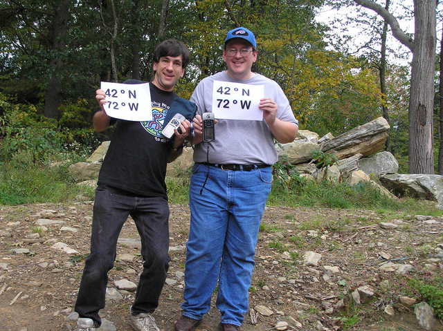 Joseph Kerski and Mick Miller celebrate their arrival at the confluence.