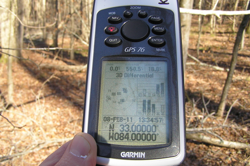 At last!  Difficult-to-obtain all zeroes at the confluence, due to heavy tree cover.