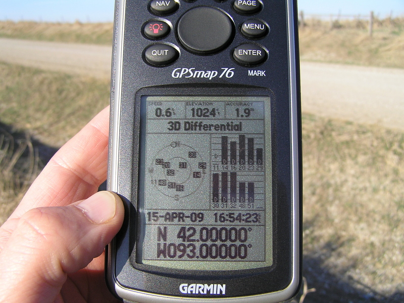 Victory!  GPS reading at the confluence site.  The local time was one hour later than the time shown here.