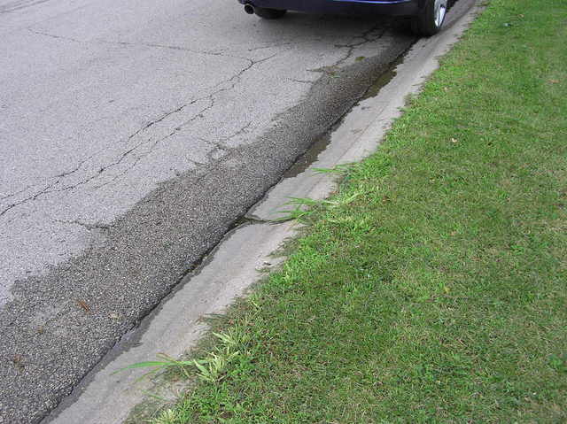 The confluence point lies either on the street, or the grass verge