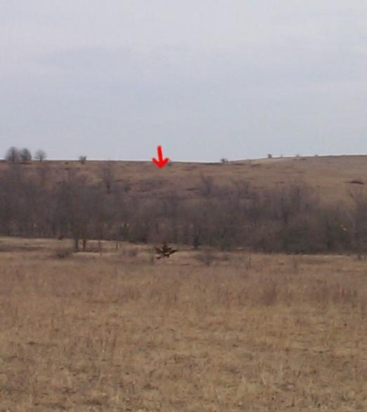 Looking back at the spot about ¾ of a mile from the truck. Red Arrow marks the spot.