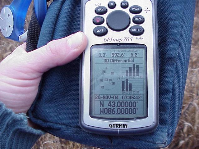 GPS reading at the confluence on a warm November morning.
