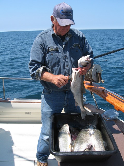 Captain Bud, opening up a long-dead lake trout