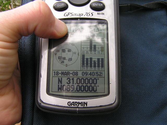 GPS reading showing confluence success at 31 North 89 West.