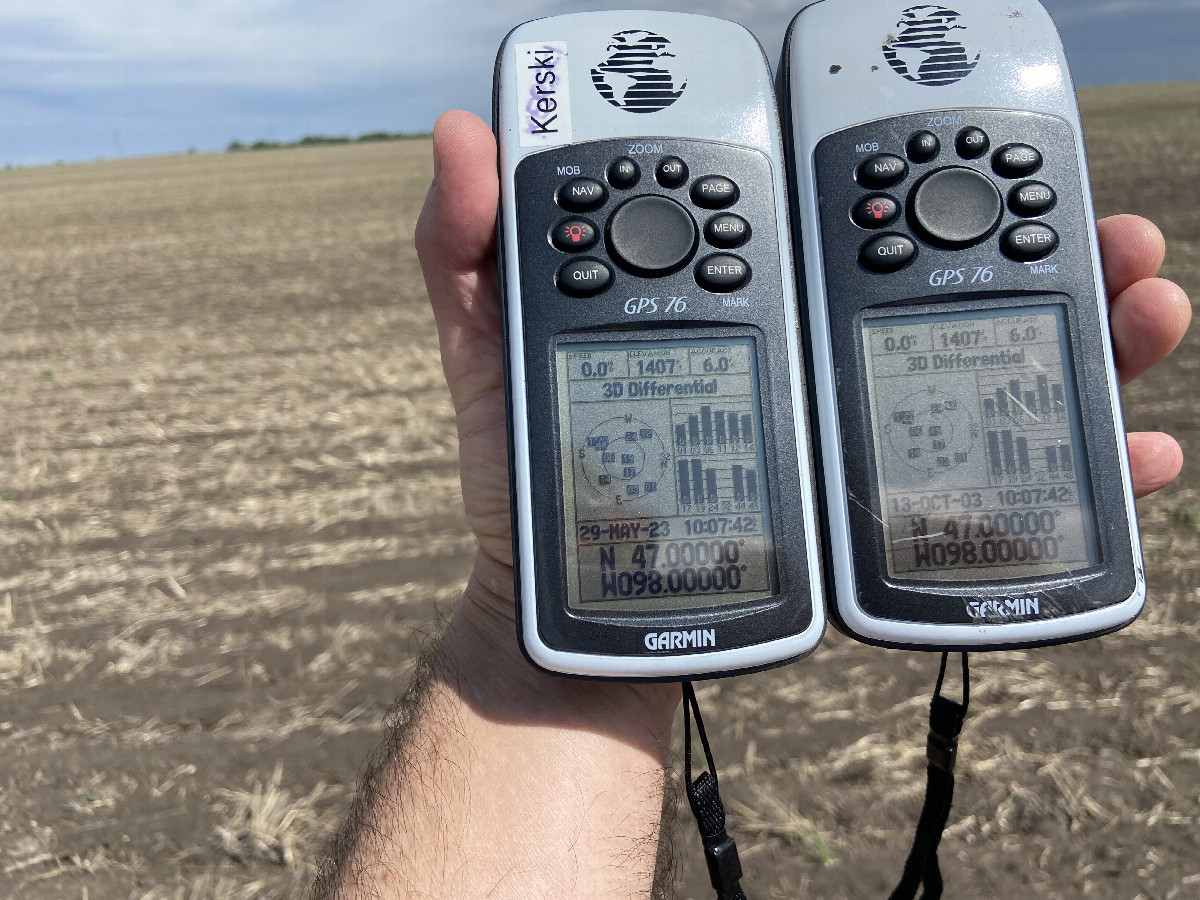 GPS reading on two GPS receivers at the confluence point.