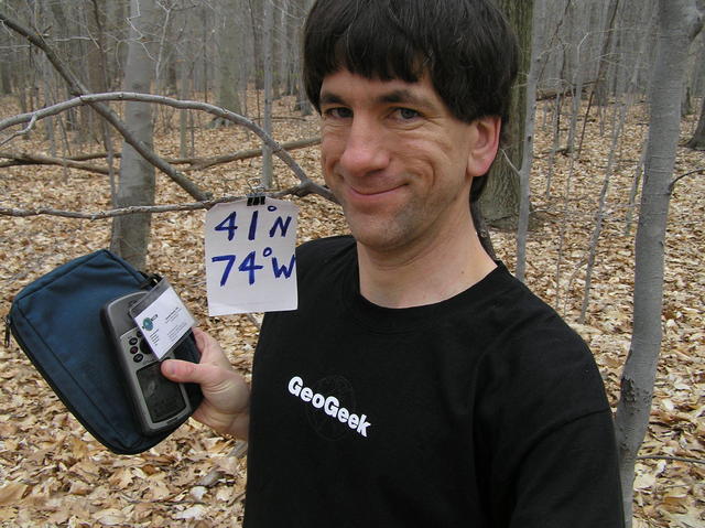 Joseph Kerski with GeoGeek shirt at the confluence in the New Jersey woods.