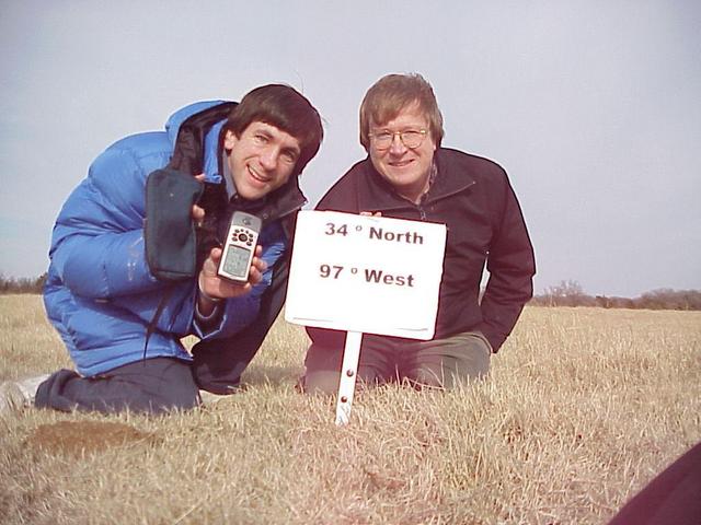 Geographers Joseph Kerski, left, and Bob Coulter at 34 North 97 West.